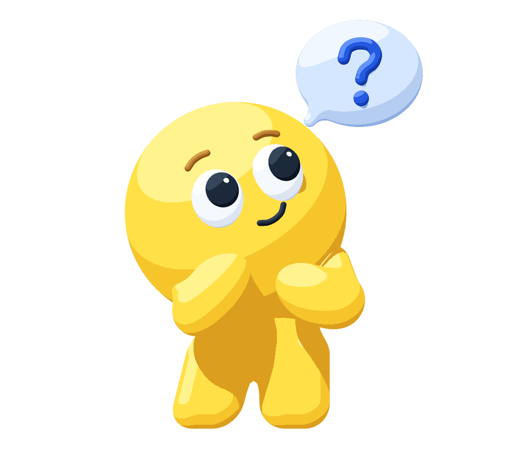 Maskot Upthrive kuning berkepala bulat menatap ke atas dengan senyum penasaran, kedua tangan terangkat di bawah gelembung tanda tanya biru